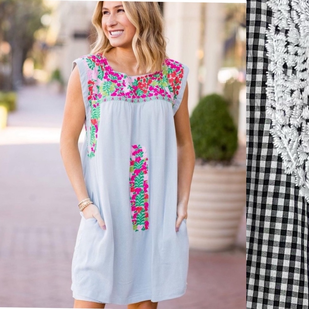 J.Marie Dress Black White Gingham Check Embroidered Floral Mini Sz S Oaxacan
